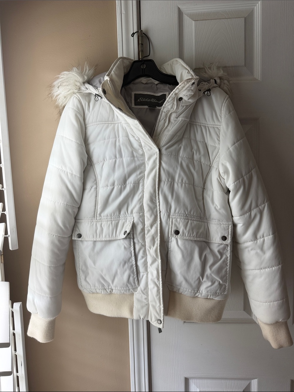 Eddie Bauer Cream Quilted Puffer Jacket with Faux Fur Trim